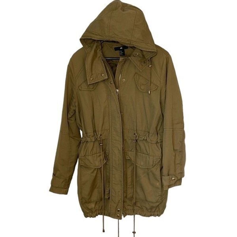 H&M Womens Parka Jacket Hooded Full Zip Tie Waist Adjustable Army Green Size XS